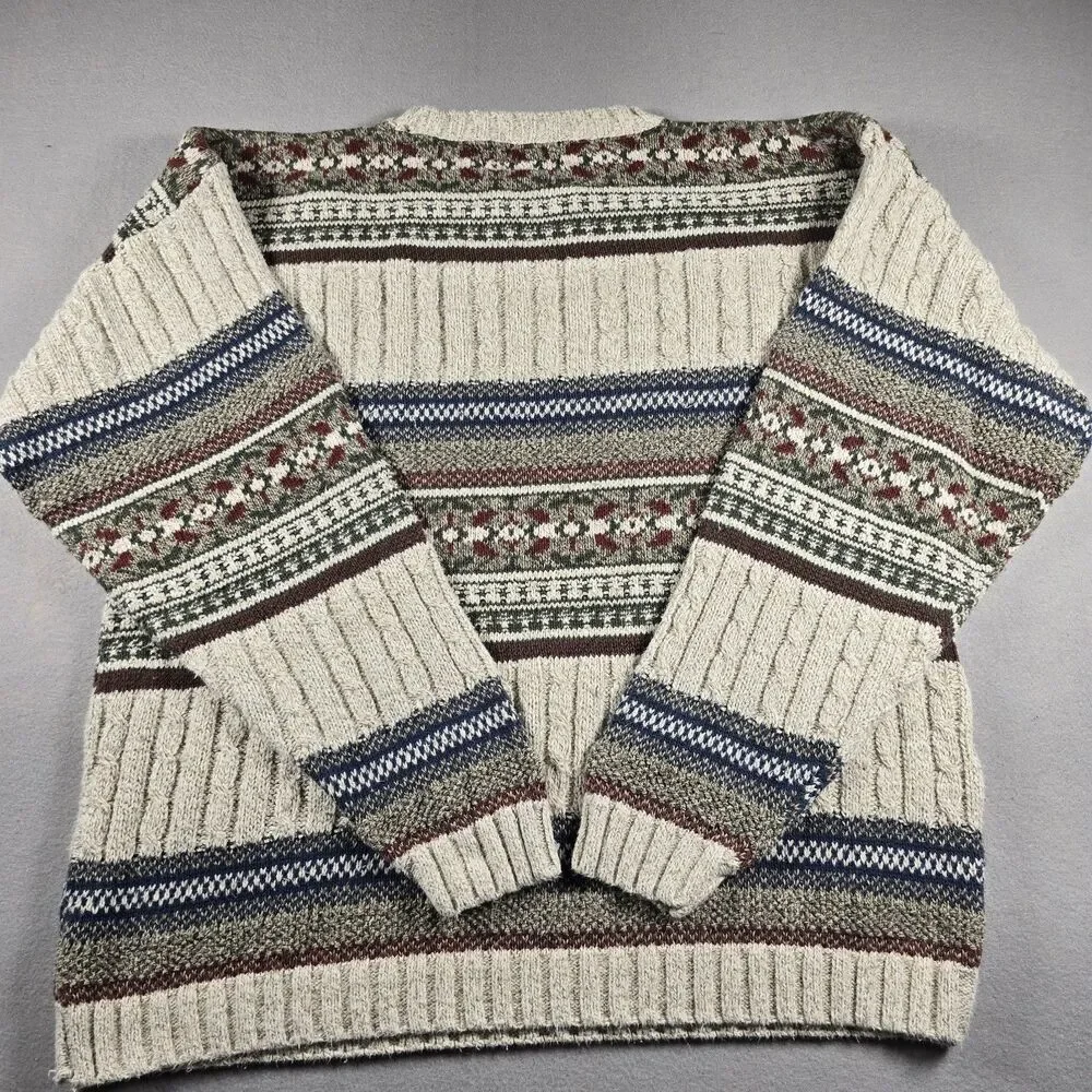Liberty Mens L Beige Sweater Vintage Fair Isle Crewneck Cable Knit USA Made